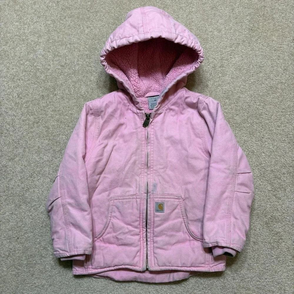Carhartt Jacket Toddler 4T Pink Hooded Canvas Sherpa Lined Insulated Workwear‎